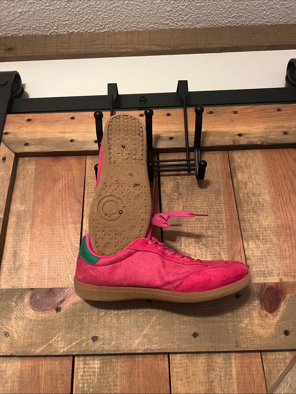 Women’s Suede Pink Lace-Up Sneakers with Green Heel Accent - Picture 2 of 3